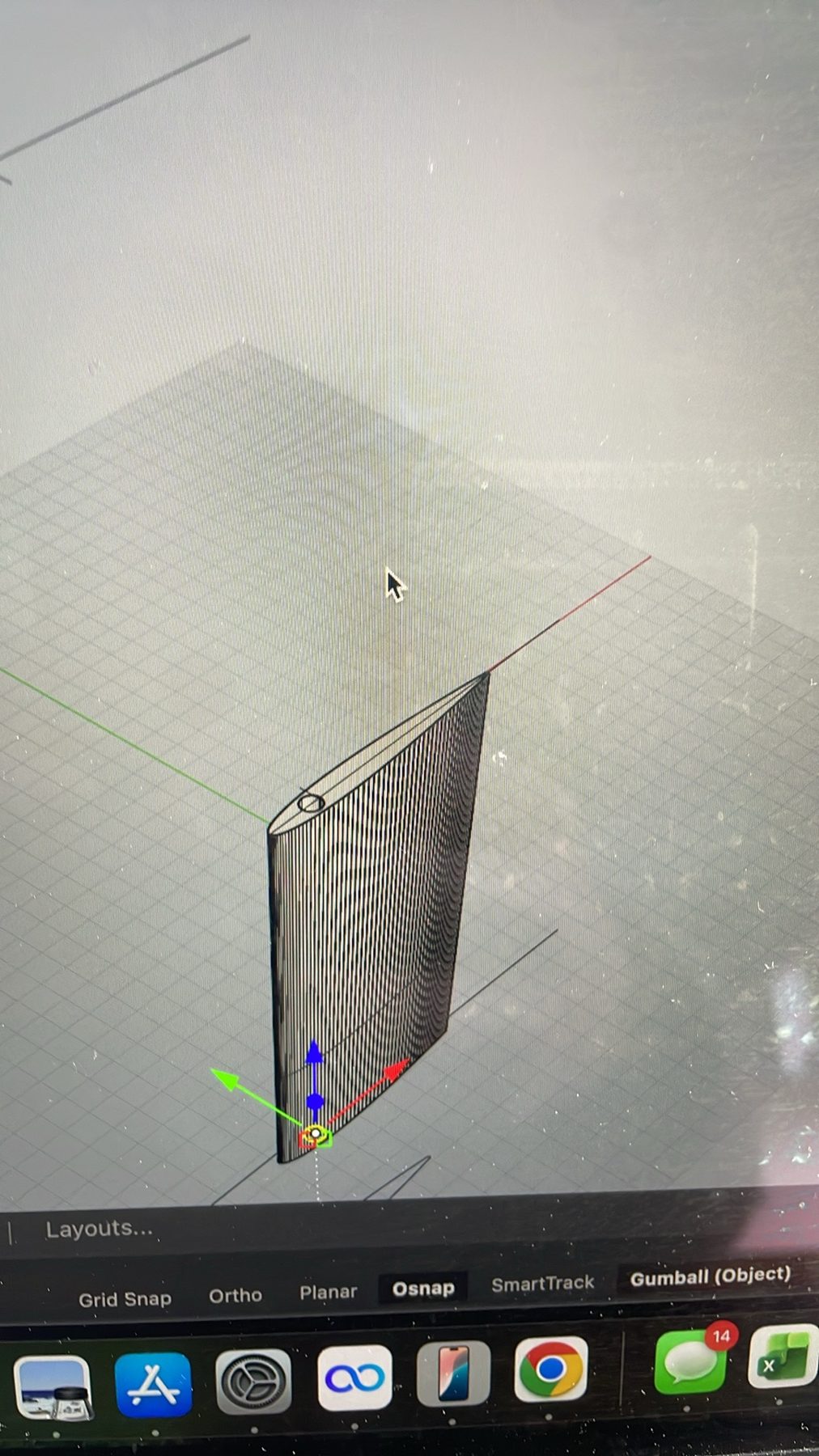 CAD wireframe of a curved fin or blade surface in Rhino